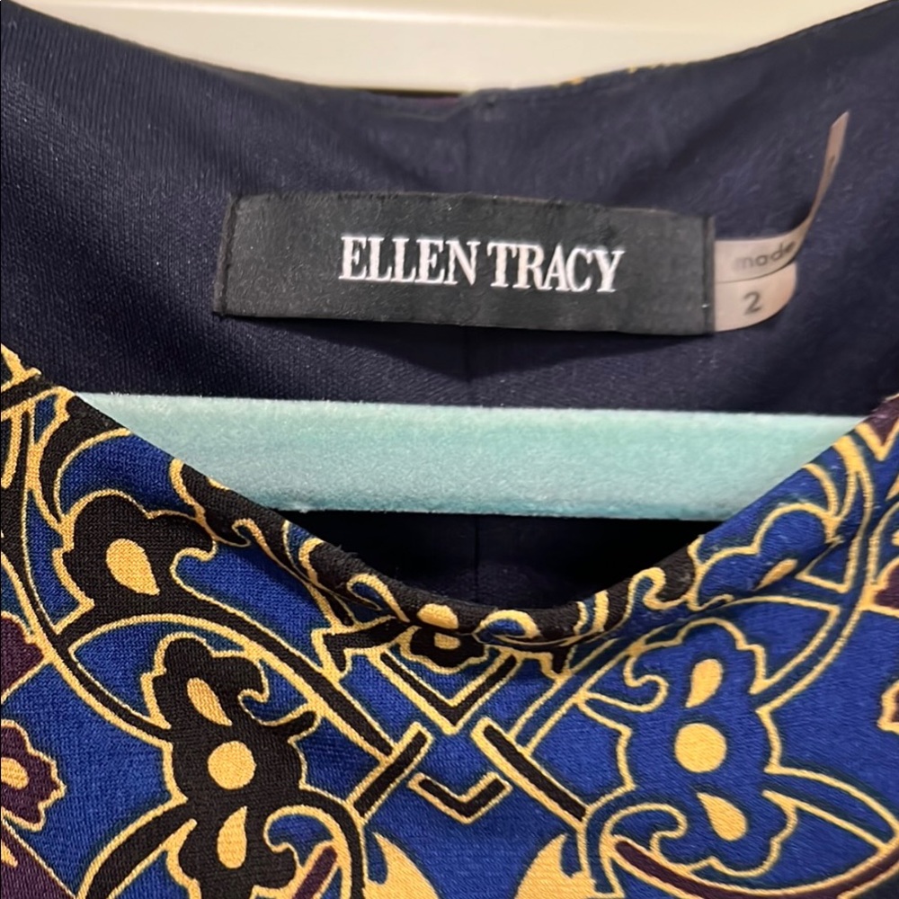 Ellen Tracy Blue and Gold Patterned Dress.
